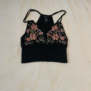 Forever 21 Floral Embroidered Black Halter Top